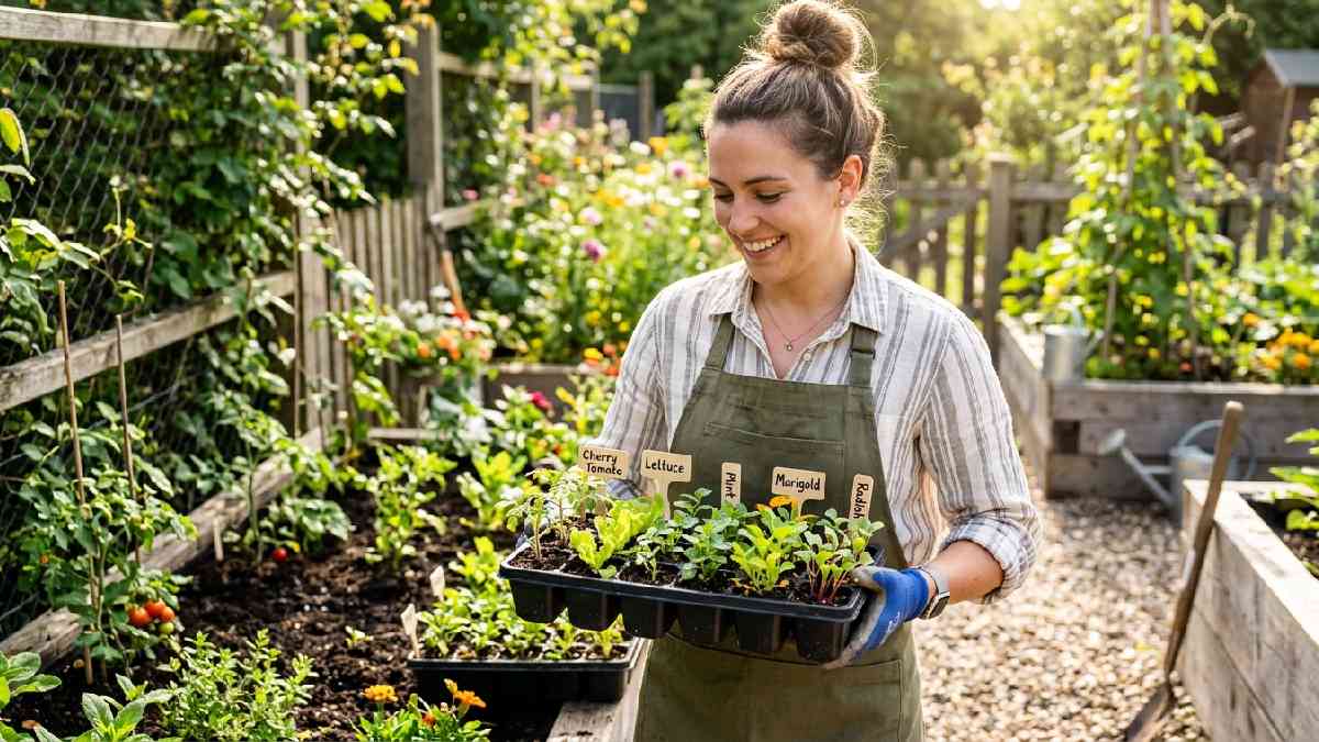 Beginner gardener holding seedling trays of tomatoes lettuce mint and marigolds showing how to choose easy plants for beginners. 