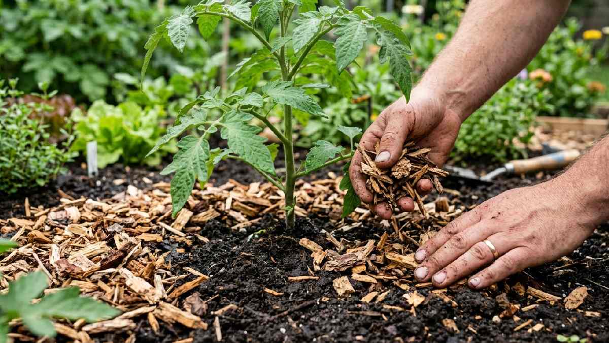 Hands spreading wood chip mulch around plants, showing the benefits of using organic mulch in garden beds.