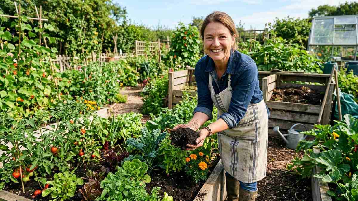 A gardener holding rich dark compost over thriving vegetable garden, showing the key benefits of making compost at home. 