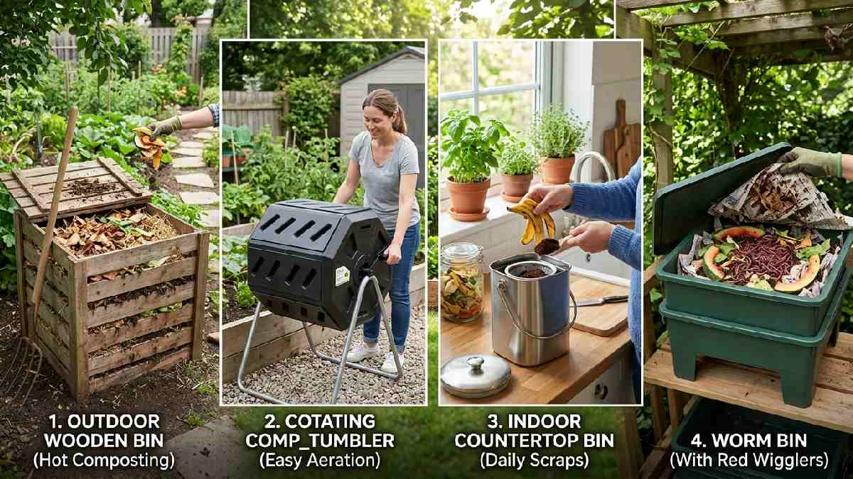 Outdoor bin, compost tumbler, indoor countertop bin, and worm bin showing four different composting methods suitable for beginners at home.