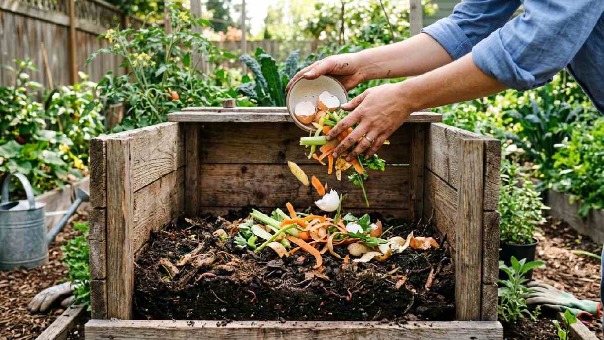 Hands adding vegetable scraps and eggshells into wooden compost bin showing how to start composting kitchen waste for beginners.