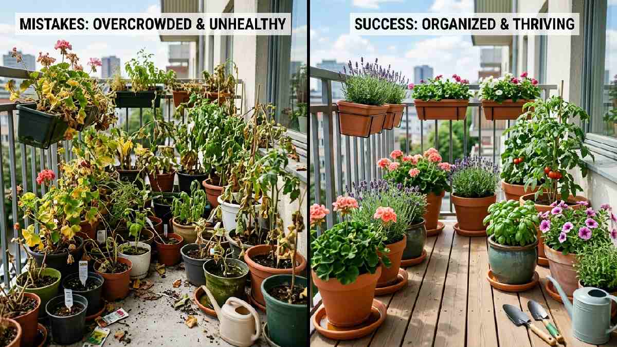 Overcrowded, wilting balcony plants versus organized, healthy pots with drainage show common mistakes to avoid in balcony gardening. 