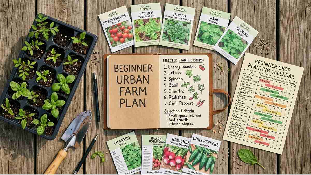 Urban farming crop selection showing seed packets of cherry tomatoes lettuce spinach basil cilantro radishes chili peppers and seedling starter trays.