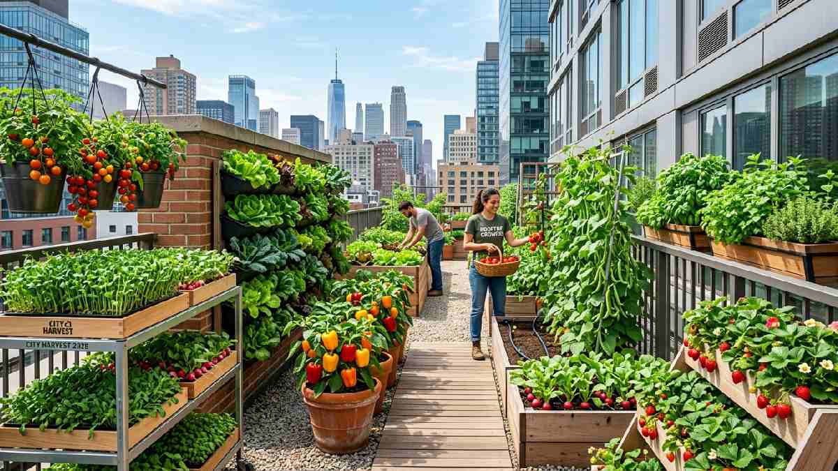 Best plants for urban farming 2026 including microgreens cherry tomatoes lettuce spinach basil peppers radishes beans and strawberries in containers and vertical planters.