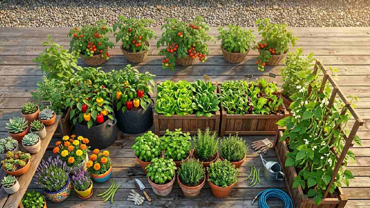 Best plants for rooftop gardens including cherry tomatoes bell peppers lettuce spinach basil mint rosemary marigolds lavender succulents and climbing beans in containers. 