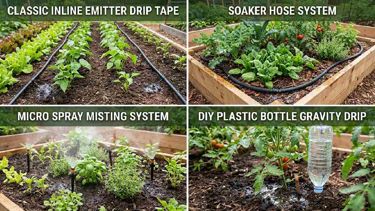 Different DIY drip irrigation methods showing inline emitter tape, soaker hose, micro spray misting, nd plastic bottle gravity drip system in the garden.