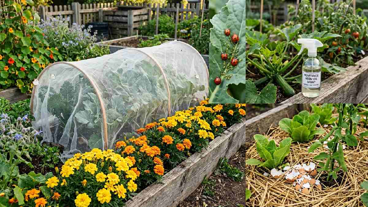 Natural plant protection methods including companion marigolds neem oil spray mesh netting ladybugs eggshell barriers mulch and organic pest control in garden.