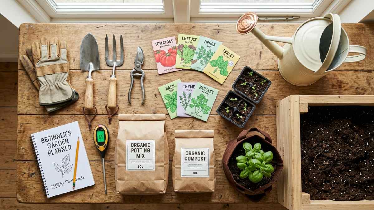 What you need to start growing food at home includes gloves, a trowel, seeds, seedlings, compost, grow bags, a raised planter, a watering can, and a pH meter.