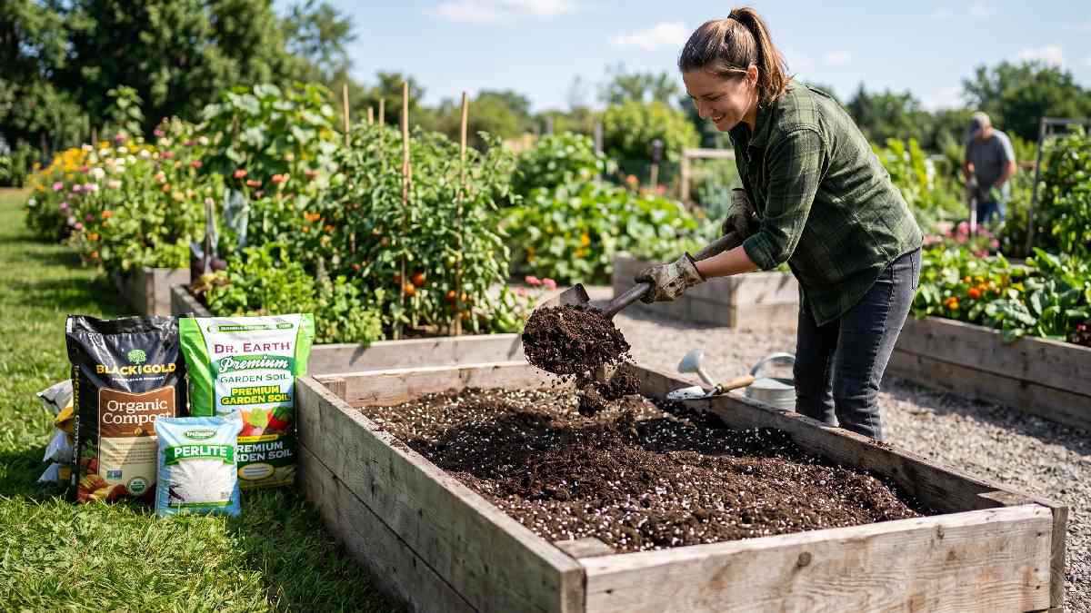 Raised garden bed being filled with rich dark topsoil compost and perlite mix layered together for healthy nutrient-rich growing environment.