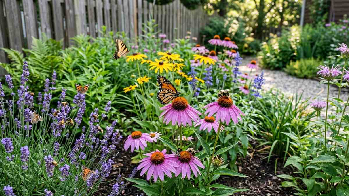 Lavender and coneflowers with bees and butterflies showing how to attract pollinators naturally in home gardens.