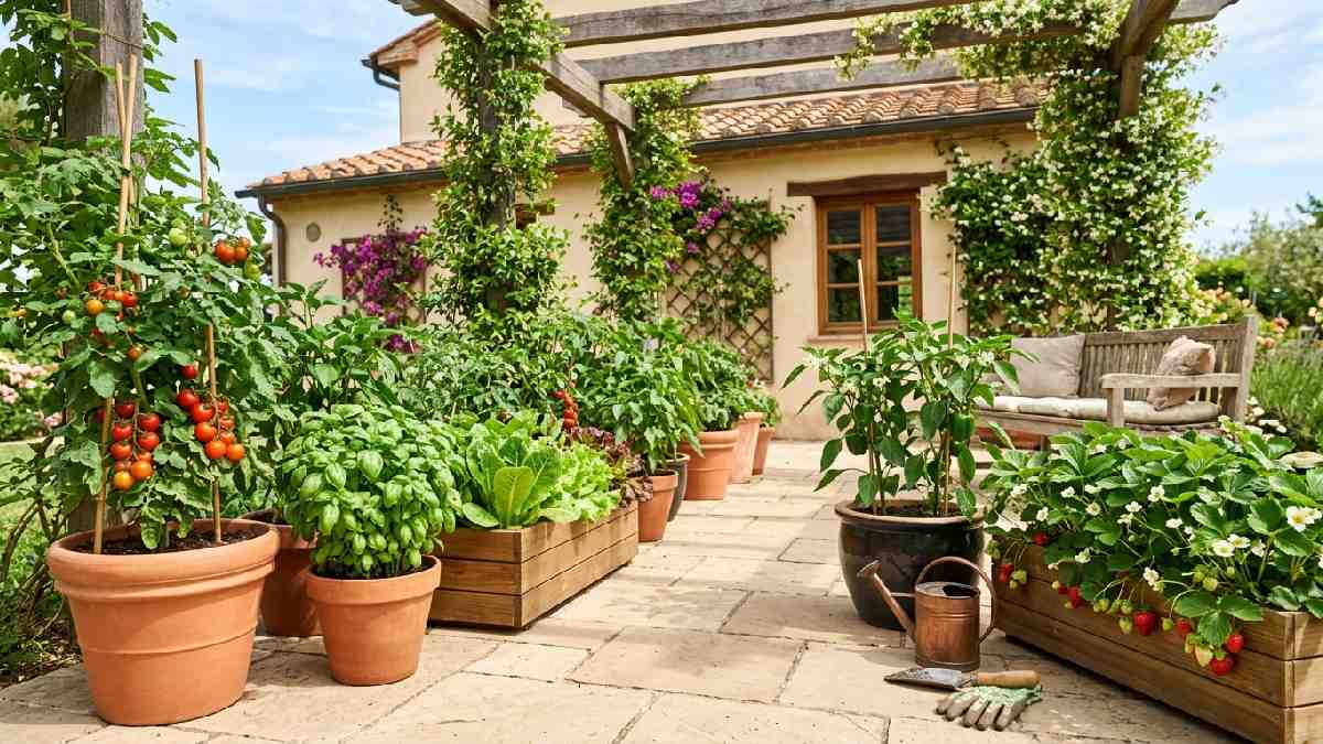 Potted tomatoes, basil, lettuce, peppers, and strawberries are the best plants for container gardening beginners on the patio. 