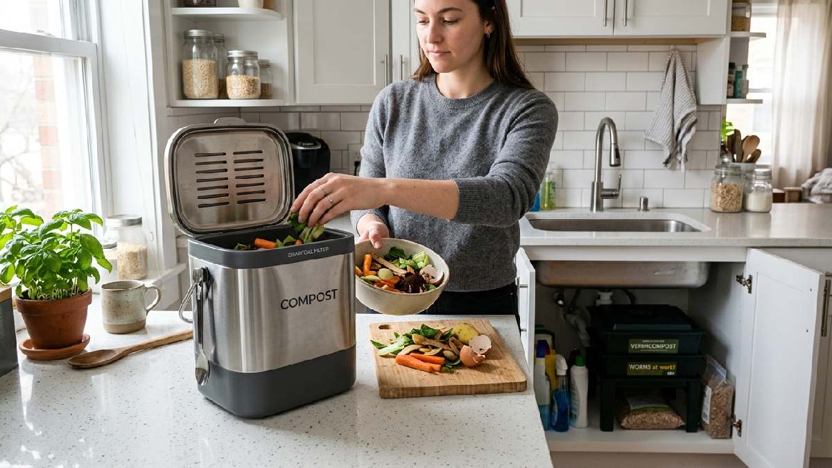 Compact countertop compost bin on kitchen counter with vegetable scraps showing apartment-friendly composting in small spaces for beginners.