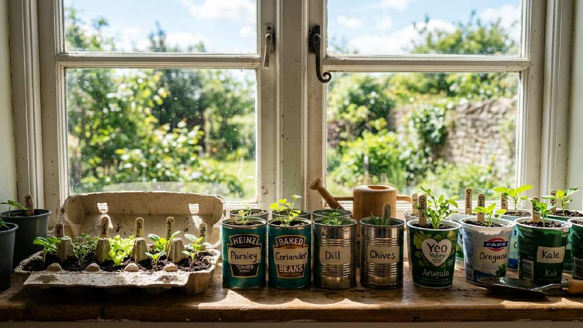 Tin cans yogurt tubs and egg cartons reused as plant pots with seedlings showing creative container reuse for beginner gardeners.
