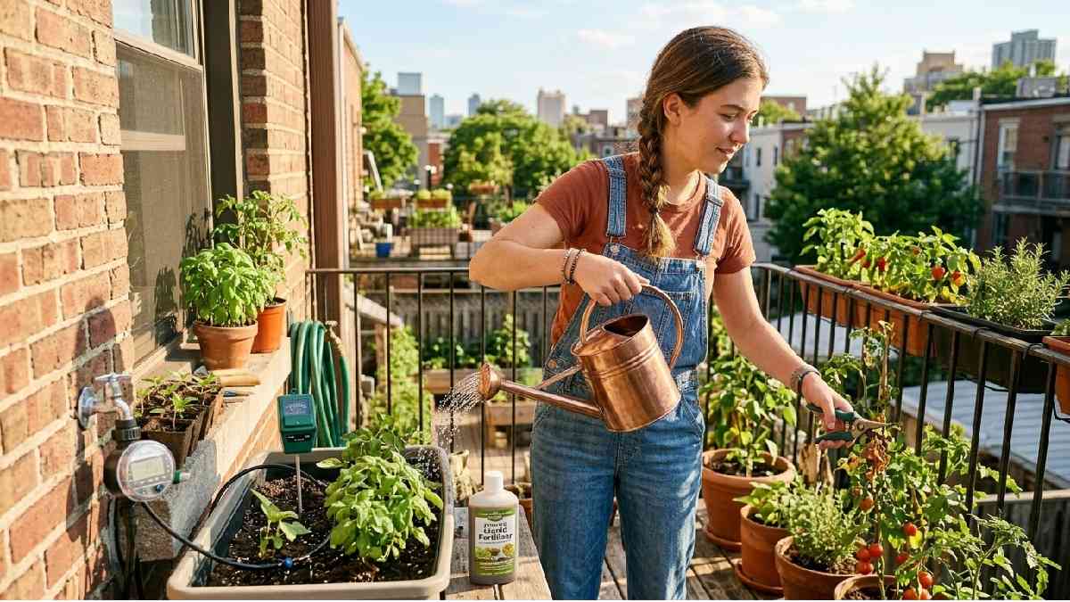 Urban farming watering and maintenance showing drip irrigation soil moisture meter organic fertilizer pruning shears and gentle watering can for healthy plants.