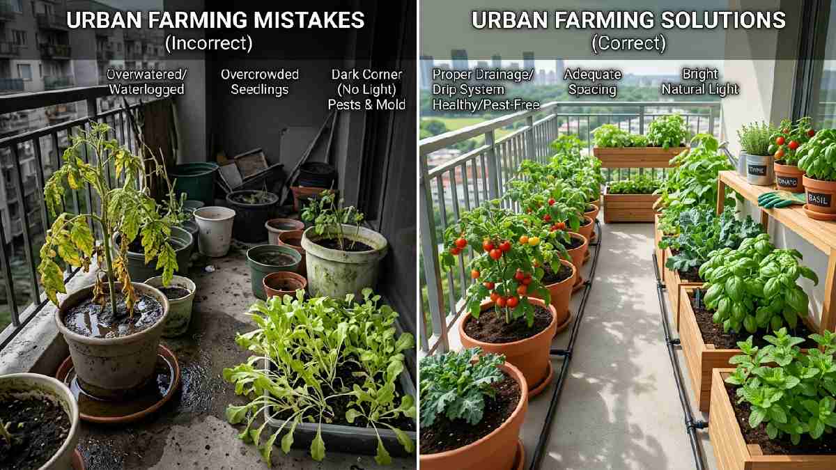 Common urban farming mistakes including overwatering poor sunlight overcrowding ignoring pests wrong containers and bad soil compared to correct healthy urban farm setup.