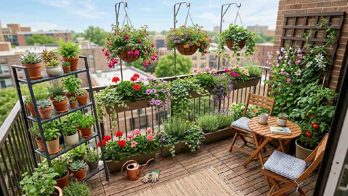 Well-organized small balcony with railing planters tiered stand hanging baskets and clear walkway showing smart garden layout planning.