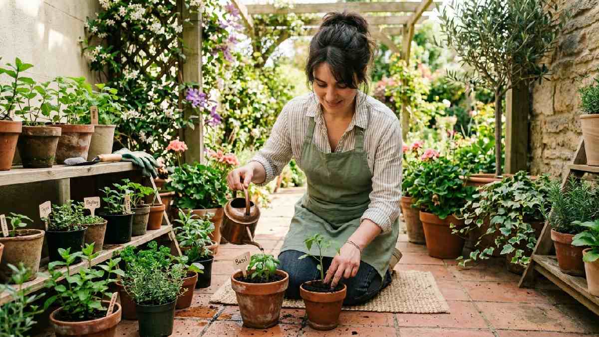 Gardener watering young potted plants, checking soil showing step five watering and basic care routine tips.