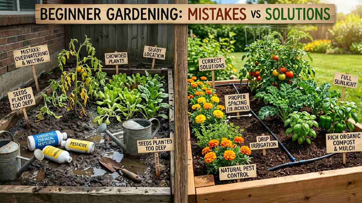 Common beginner gardening mistakes showing overwatering, overcrowding, poor sunlight, wrong soil, chemical fertilizers versus correct organic, well-spaced raised bed garden solutions.