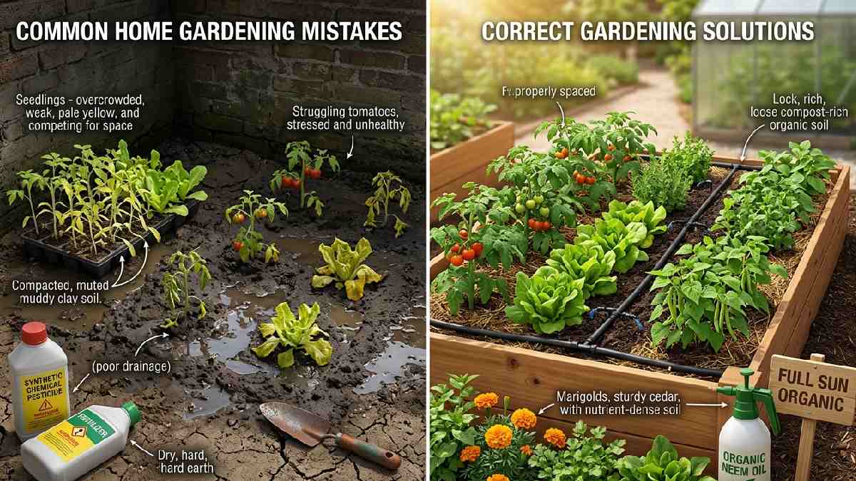 Common home gardening mistakes including overcrowding overwatering poor sunlight chemical pesticides bad soil versus correct organic well-spaced raised bed garden solutions.