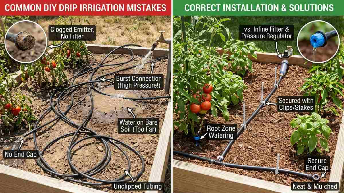 Common DIY drip irrigation mistakes show clogged emitters, wrong-pressure burst fittings, misplaced lines, and no end caps versus a properly installed system.