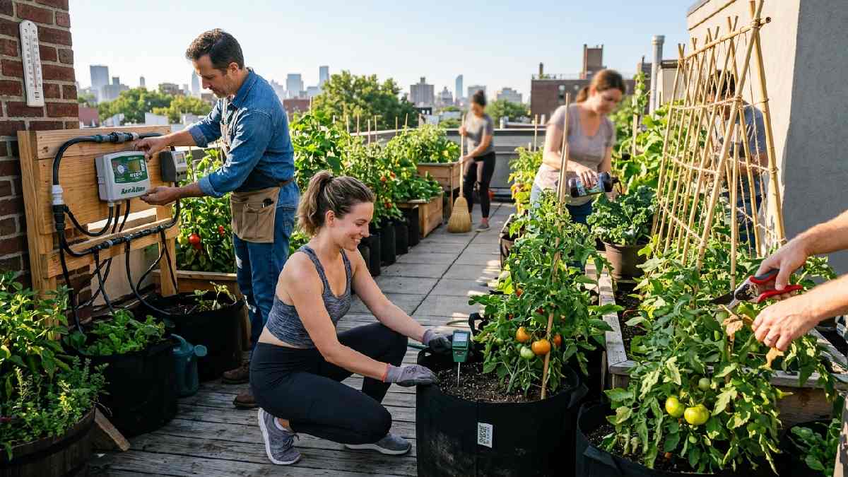 Rooftop garden maintenance tips showing soil moisture checking drip irrigation pruning dead leaves organic fertilizing wind barrier inspection and surface cleaning routine.