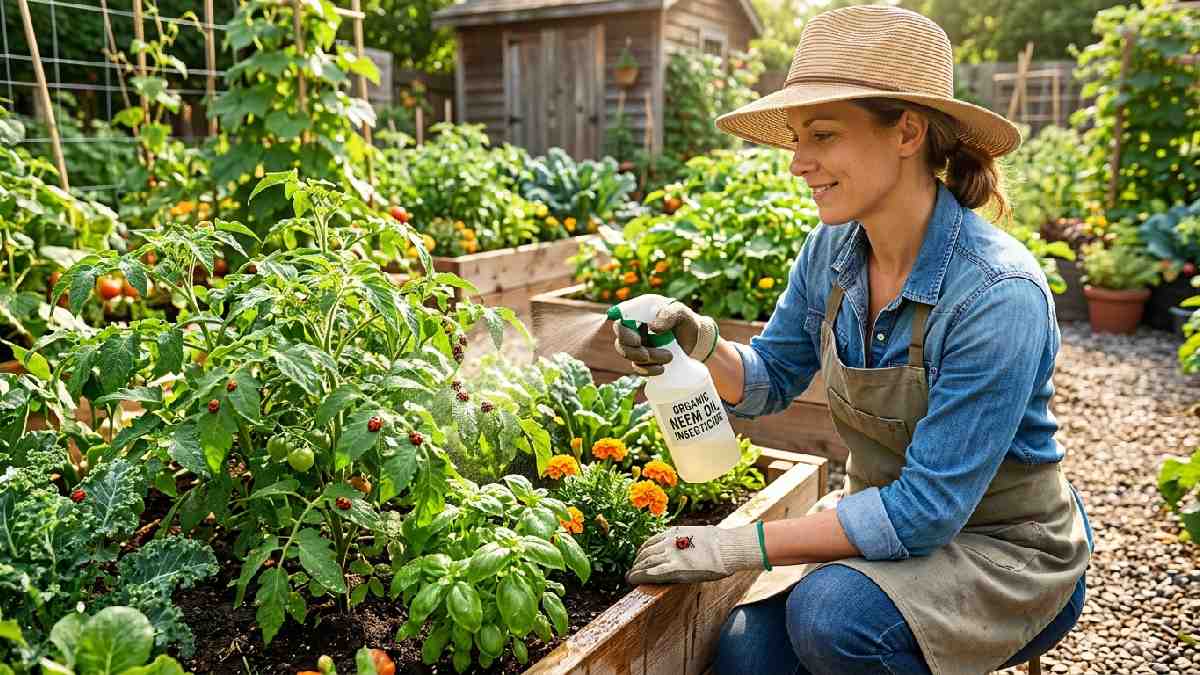 Gardener spraying neem oil with ladybugs nearby, showing how to avoid chemical pesticides in gardens naturally.