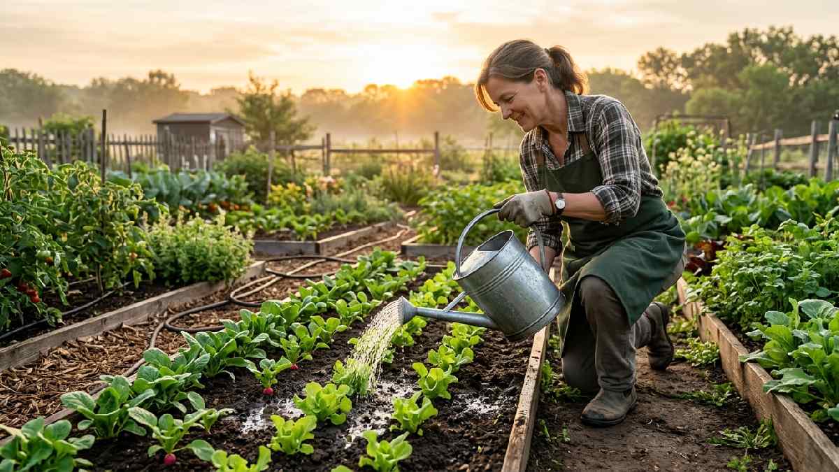 Gardener watering plants at the base early morning showing proper watering and daily care routine for healthy garden growth. 