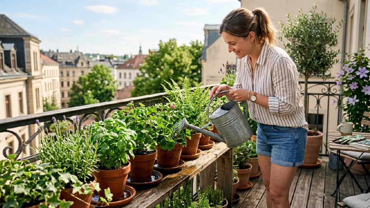 A person watering potted plants with a metal can, showing watering and maintenance tips for a container gardening routine. 