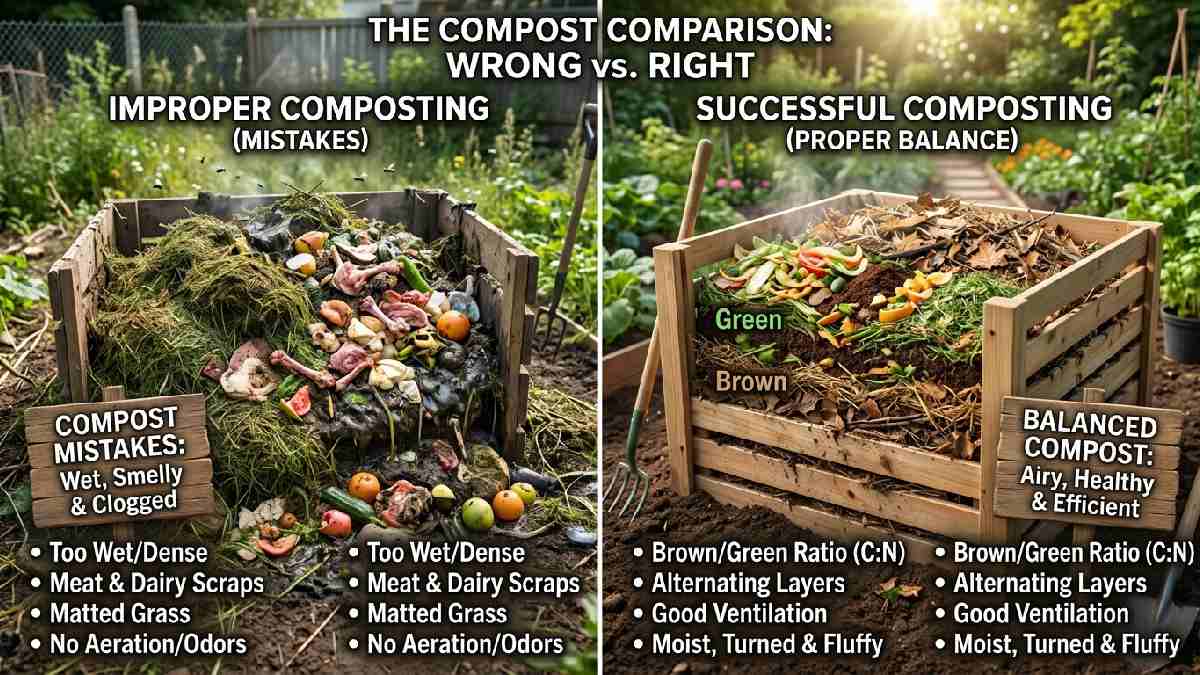 A wrong wet smelly compost pile with meat versus a correctly layered bin showing common composting mistakes beginners should avoid at home.