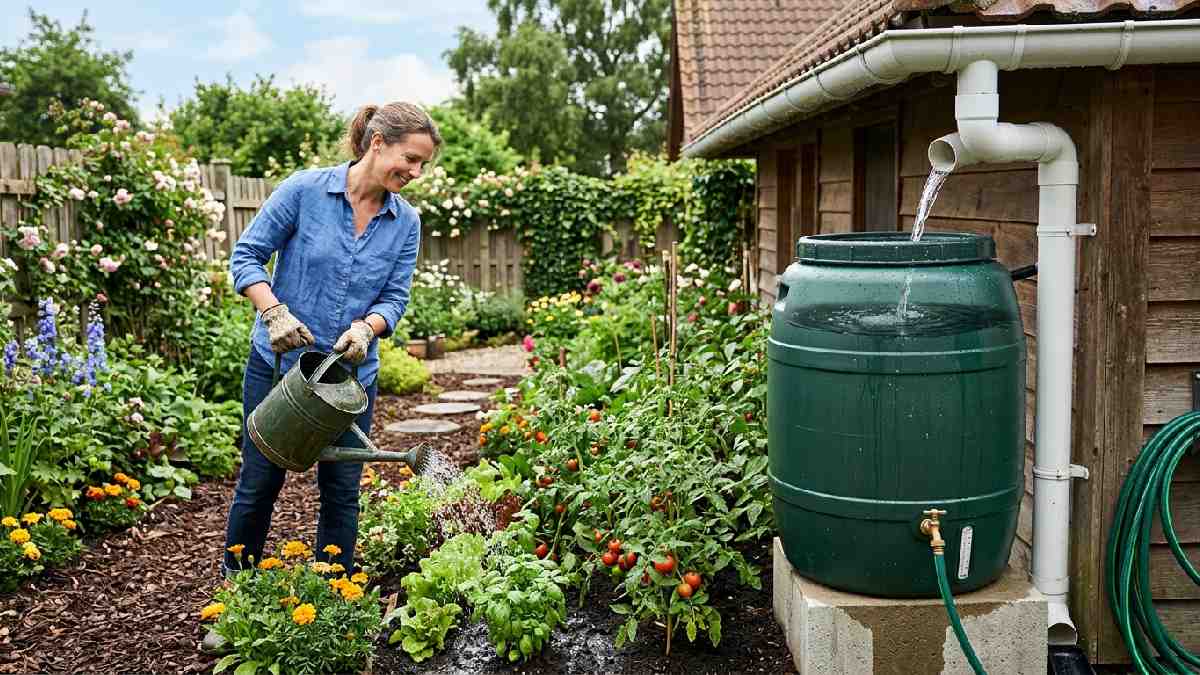  Rain barrel connected to roof gutter collecting water with watering can showing how to collect and use rainwater in gardens. 