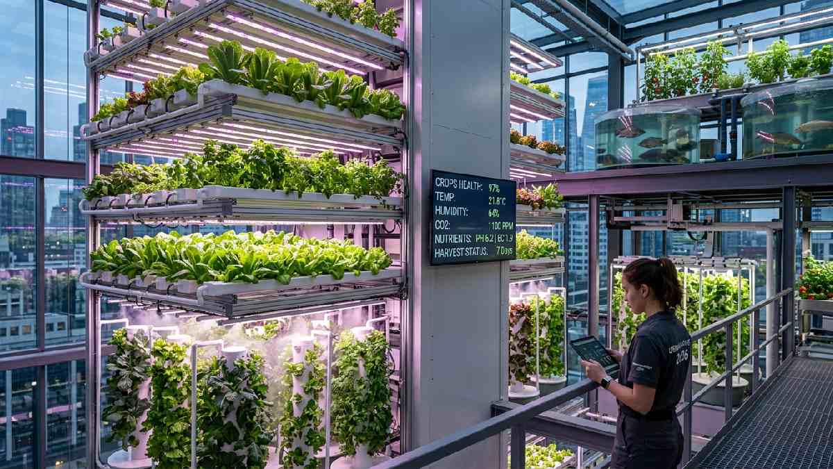 Advanced urban farming methods in 2026 including vertical hydroponics aeroponics LED lighting AI climate sensors automated irrigation and rooftop aquaponics systems.