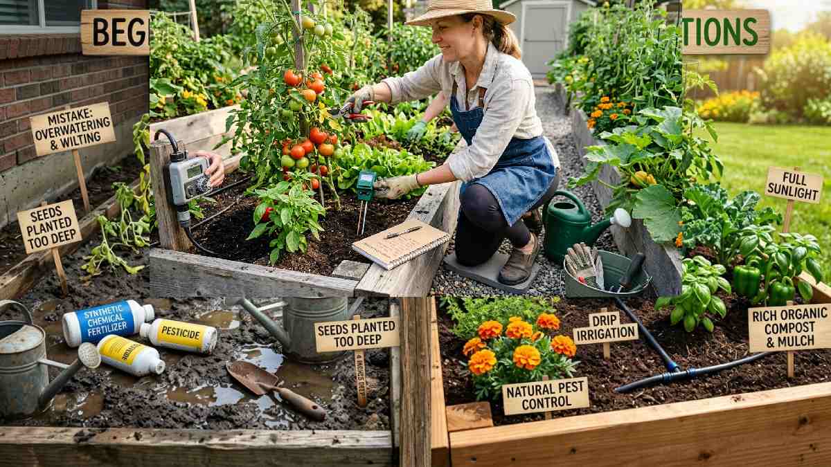 How to maintain a home garden, showing soil moisture checking, drip irrigation, pruning dead leaves, adding compost, weeding, and applying an organic liquid fertilizer routine.