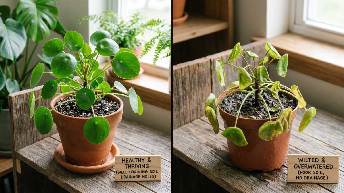 A healthy potted plant beside a wilted, overwatered plant shows common mistakes to avoid in container gardening setups. 