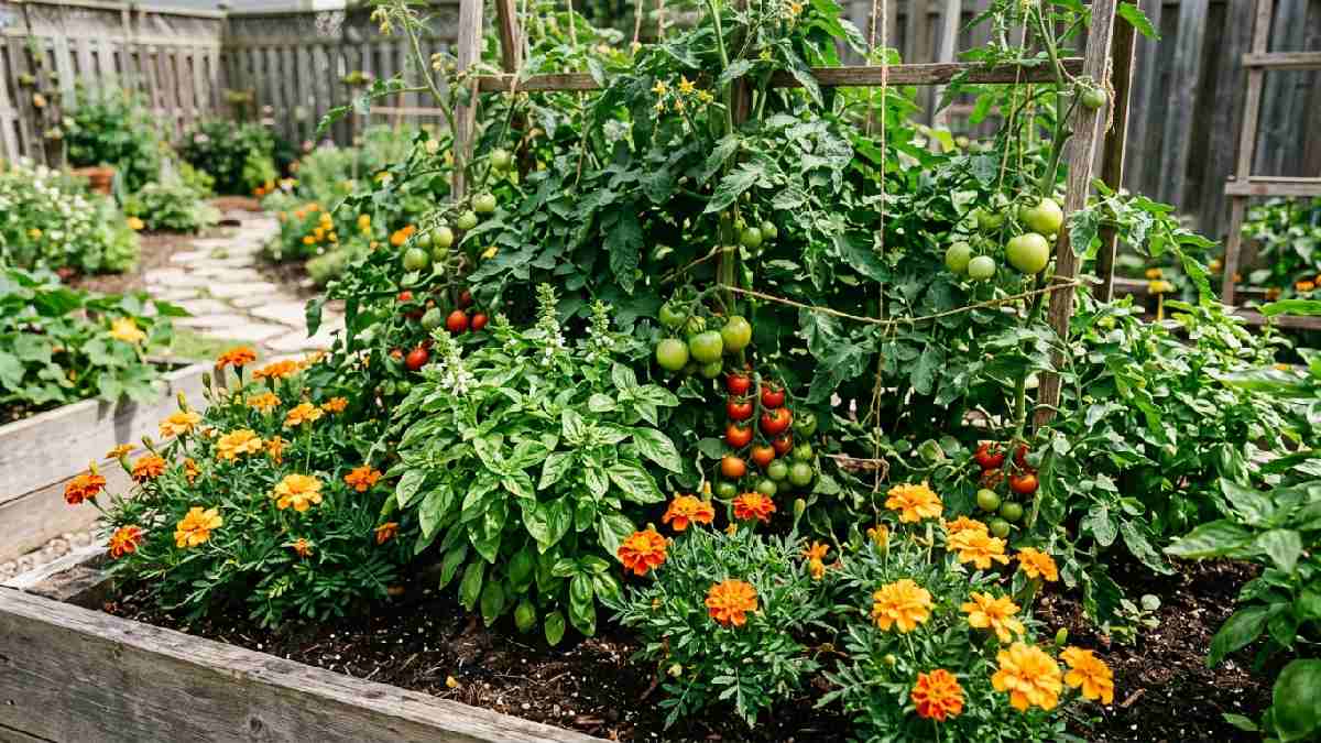 Tomato basil and marigold growing together show how to practice companion planting in vegetable garden beds.