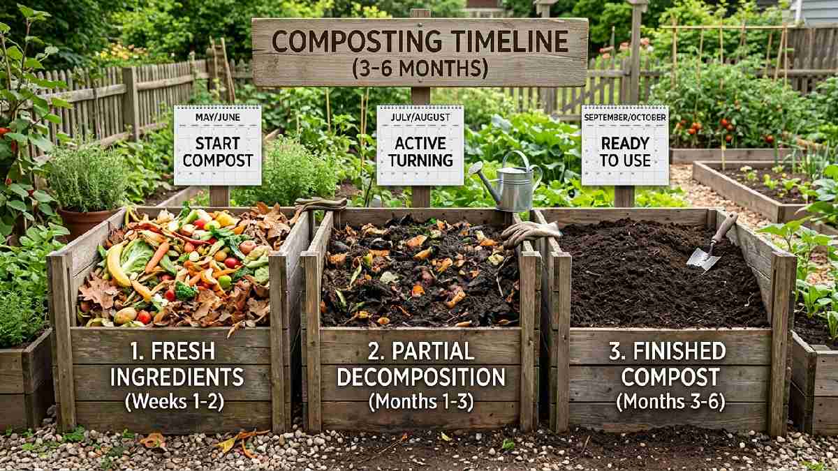 Three-stage composting timeline showing fresh scraps halfway, a decomposed pile, and finished dark compost showing how long composting takes.