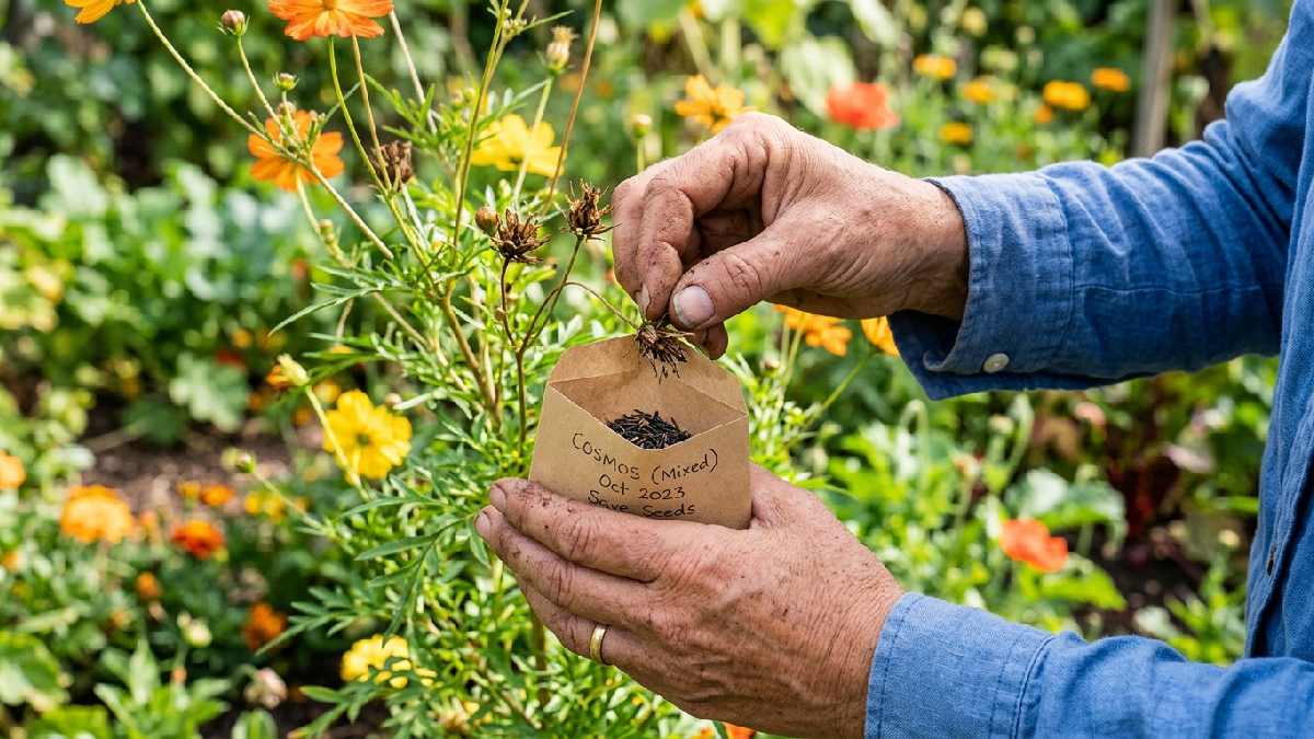  Gardener collecting dried seeds from healthy plant into paper envelope showing how to save seeds for future planting seasons.