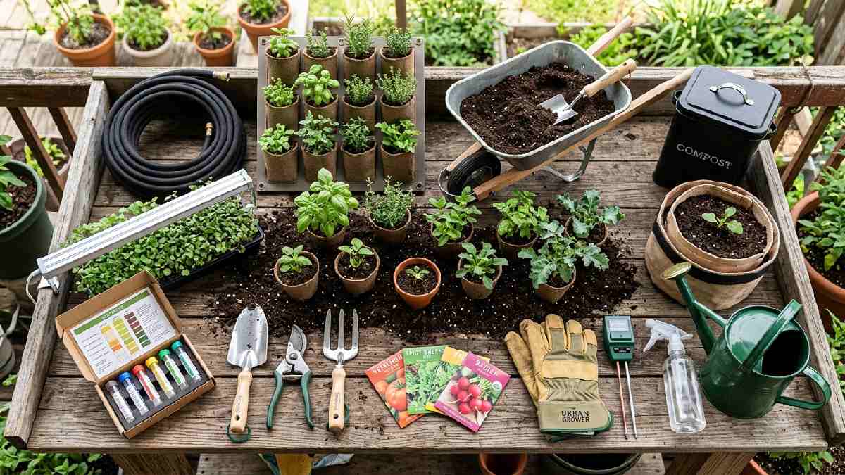 Essential urban farming tools including hand trowel pruning shears garden fork watering can soil meter grow bags compost bin and LED grow light