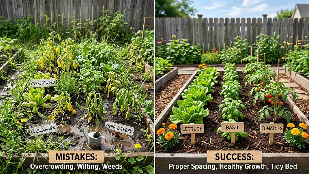 Overcrowded wilting plants versus a well-spaced healthy garden bed showing common gardening mistakes beginners should avoid early on. 