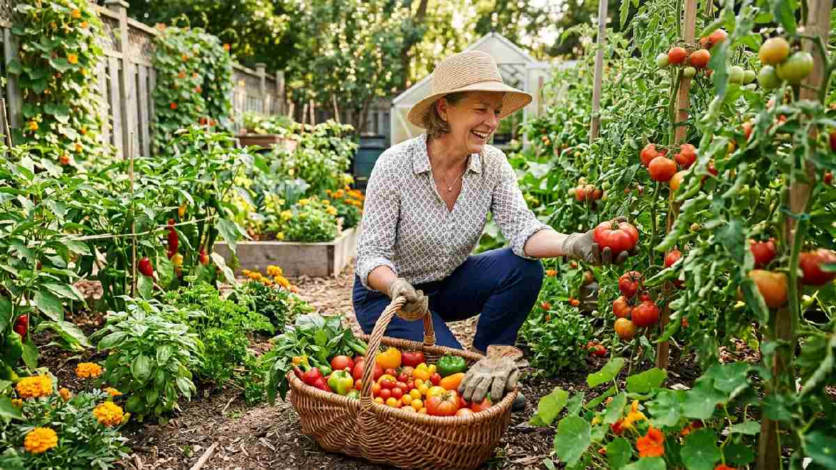 A person harvesting tomatoes and peppers into a basket, showing the benefits of growing your own food.