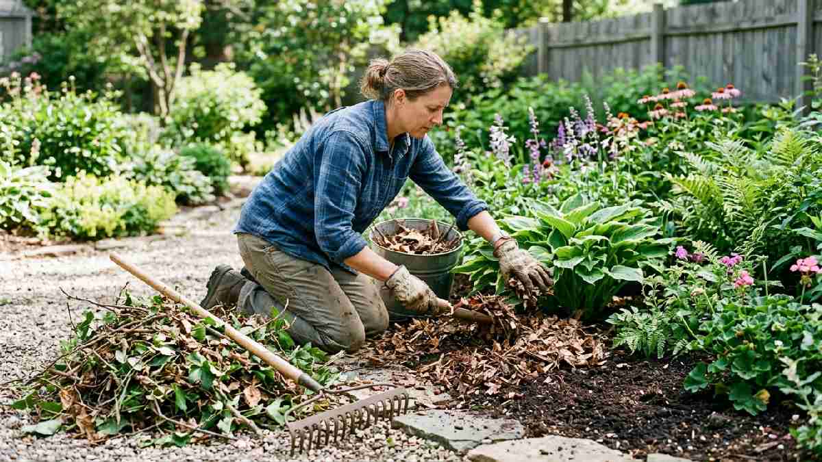 Gardener spreading shredded leaves and branches as mulch around plants showing how to make mulch from garden waste naturally.