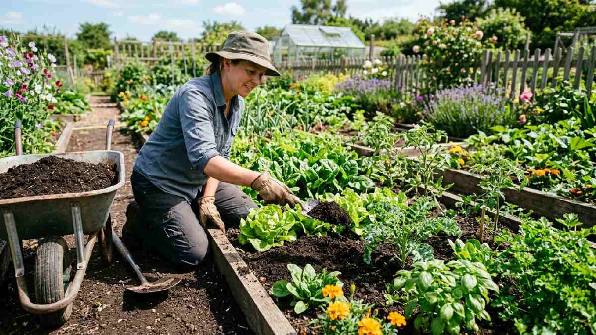 Gardener spreading dark finished compost into a vegetable garden bed with a trowel and wheelbarrow, showing how to use finished compost.