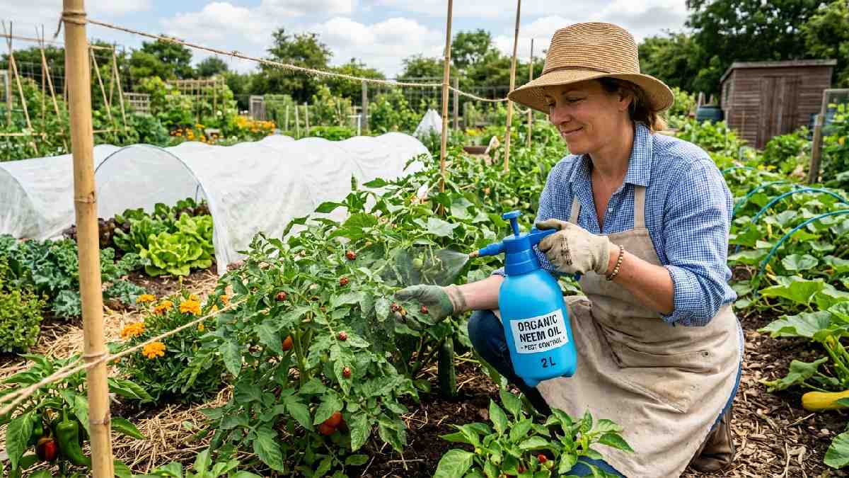 Gardener spraying neem oil on plants with row covers and ladybugs showing organic pest control and plant protection methods. 