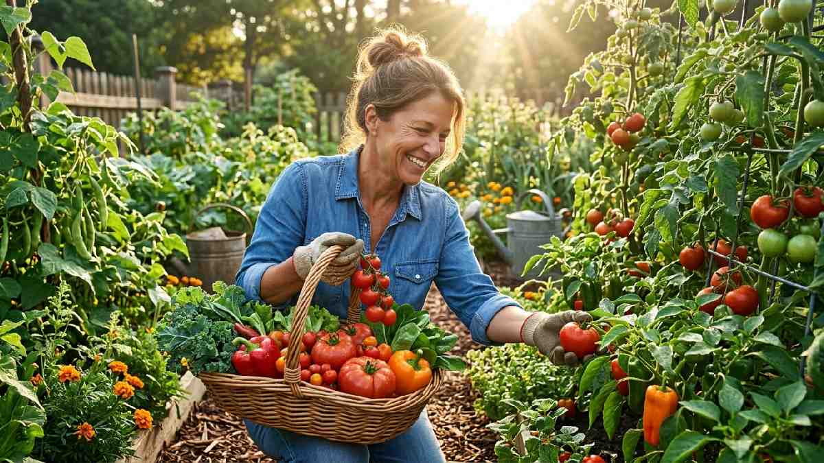 Gardener harvesting ripe tomatoes peppers and greens into basket in morning light showing how to harvest home garden produce.