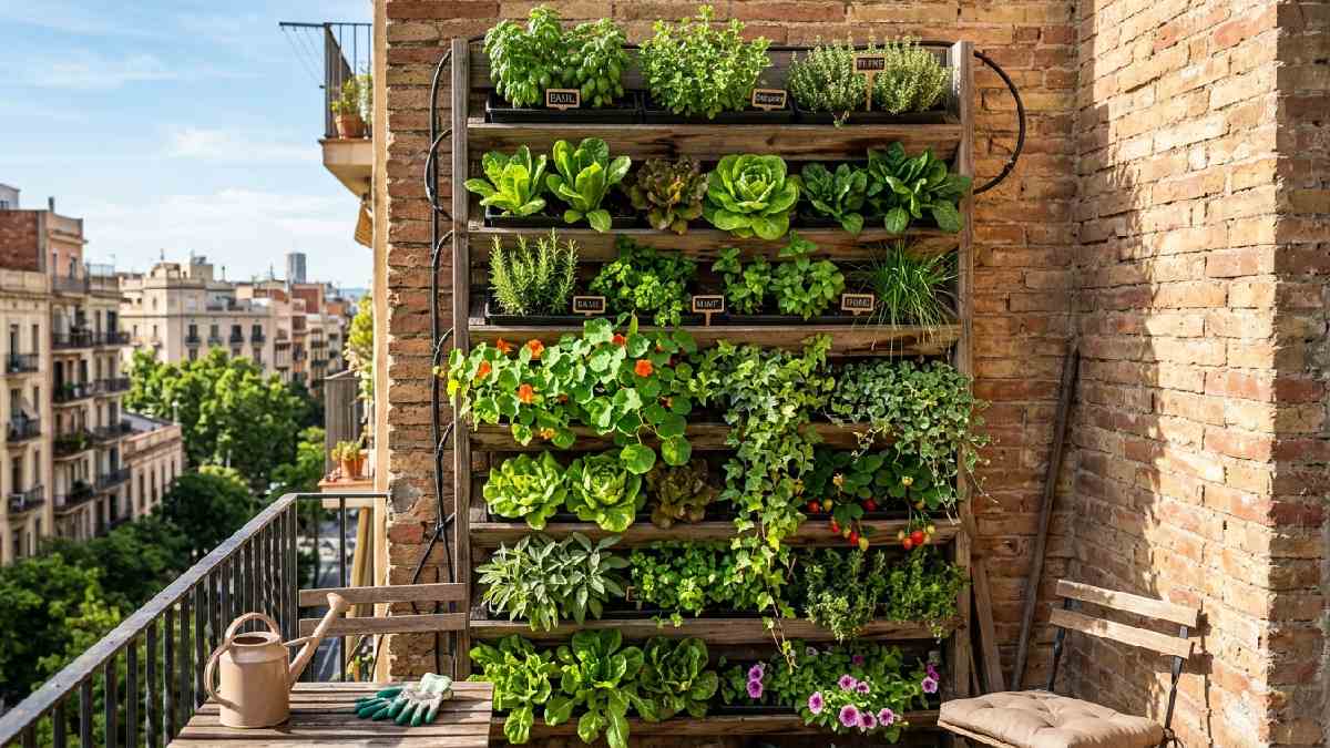 Vertical garden wall with herbs and lettuce tiers showing how to try vertical gardening in small spaces.