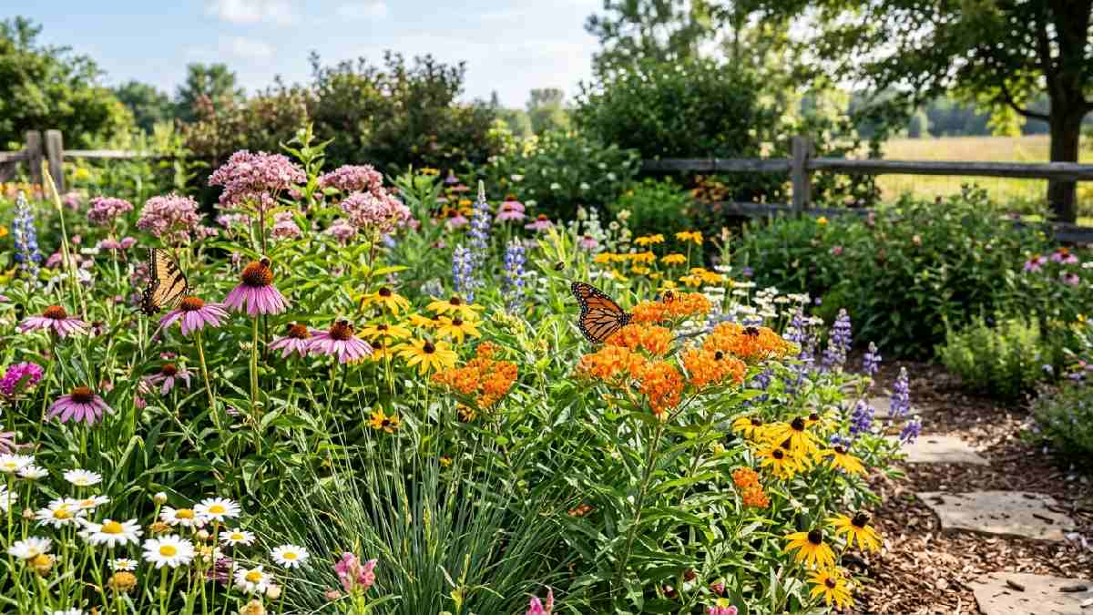 Garden bed filled with native wildflowers attracting butterflies and bees showing benefits of growing native plants for beginners.