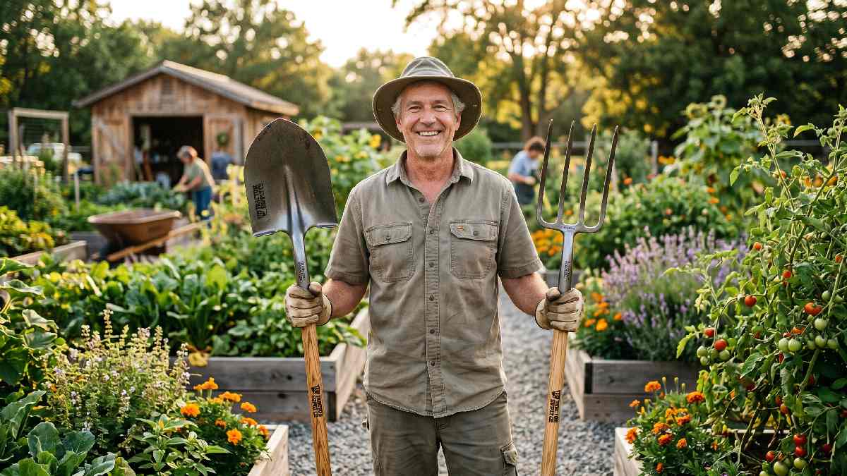 Happy gardener holding quality Tractor Supply shovel and fork in thriving garden showing tools worth the long term investment.