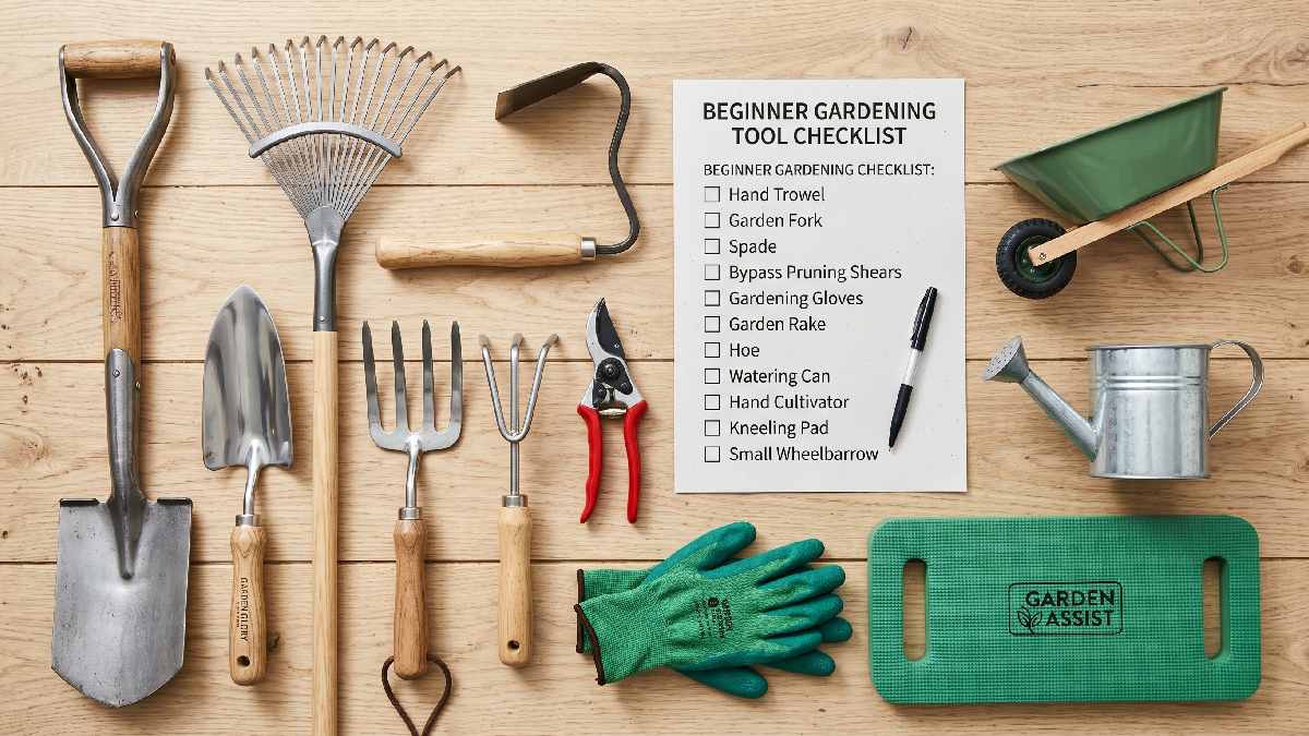 Complete beginner gardening tool checklist showing trowel fork spade pruning shears gloves rake hoe watering can and cultivator on wooden surface.