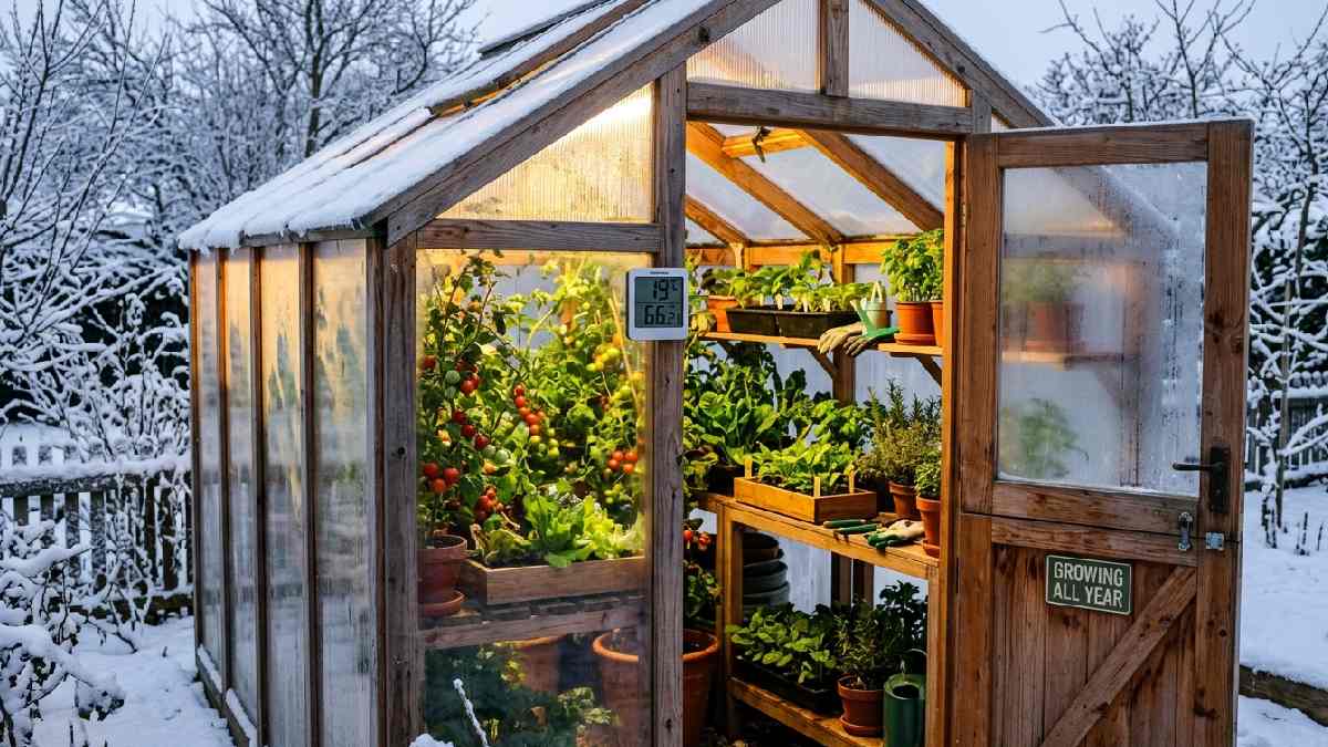 Small DIY greenhouse benefits showing year-round growing extended season frost protection pest control better yields and seedling starting in compact garden space.