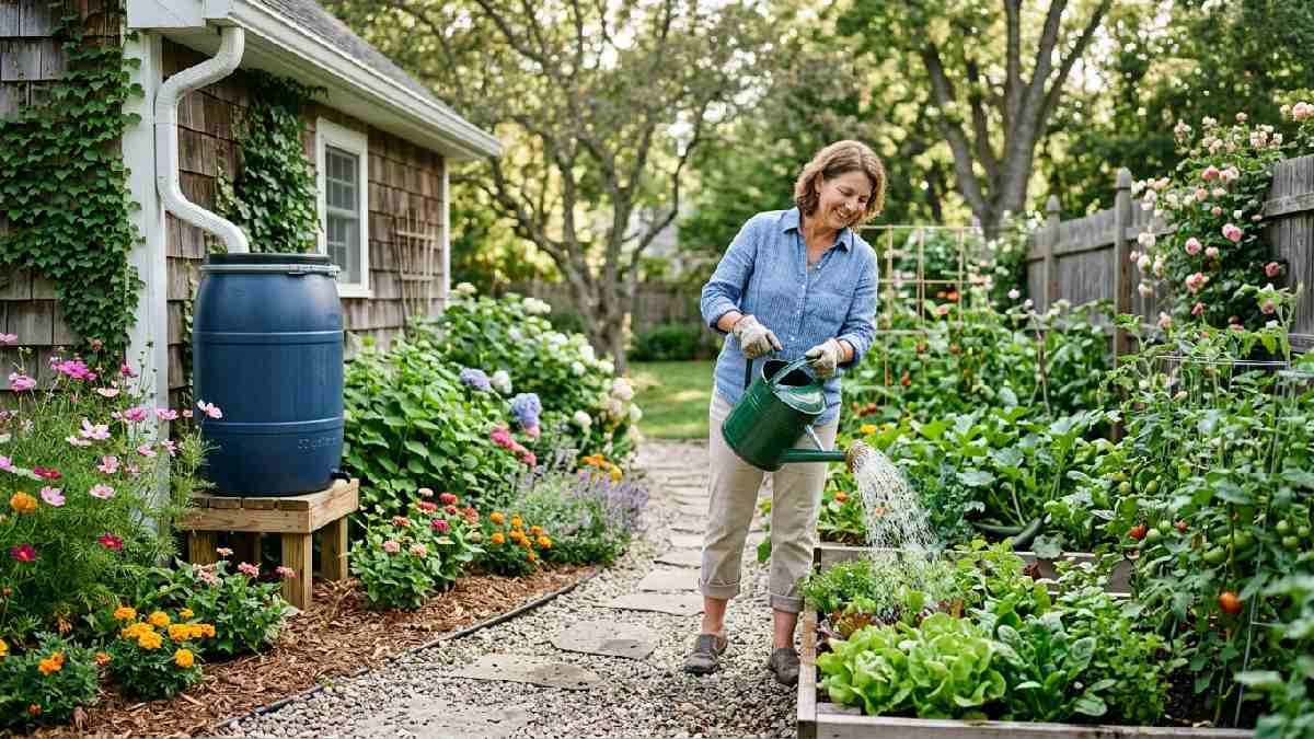 Homeowner watering thriving garden plants using rain barrel water collected from gutters showing benefits of rainwater harvesting for gardens.