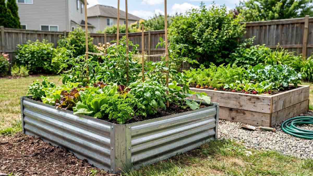 Affordable galvanized metal raised garden bed filled with thriving vegetables showing budget-friendly benefits of raised bed gardening at home. 